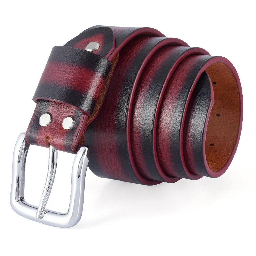 Full Grain Men's Vintage Sun Maroon Buffalo Leather Belt Free Personalization